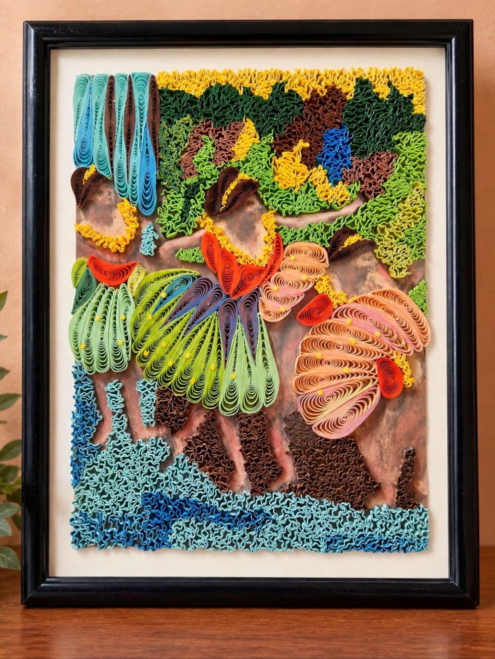Vintage 5x7 Hand-Quilled Paper Art – Three Dancers in Garden Scene